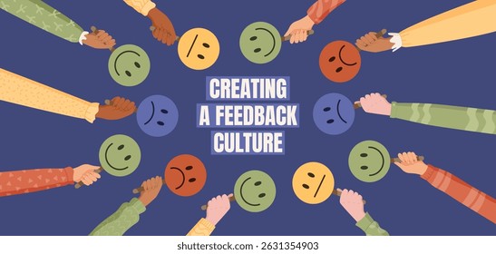 Cartoon feedback banner with hands and smileys. Review and satisfaction concept with customers holding scores. Communication evaluation layout, creative survey for business use.