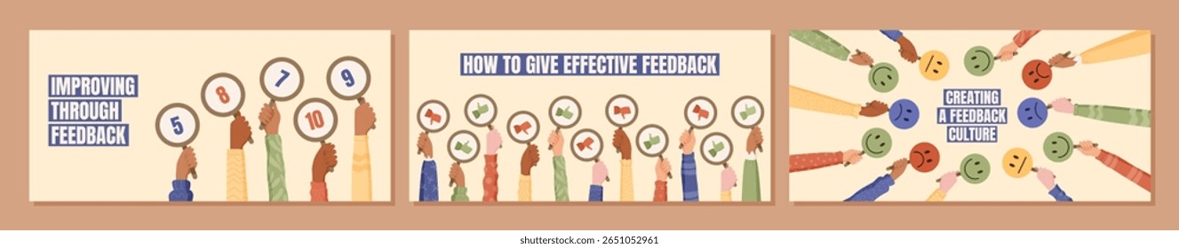 Feedback de desenhos animados e poster de revisão com mãos segurando sinais de classificação definidos. O conjunto de pesquisas de clientes ilustra os conceitos de comentário, taxa e pontuação. Ideal para temas de banner ou satisfação.
