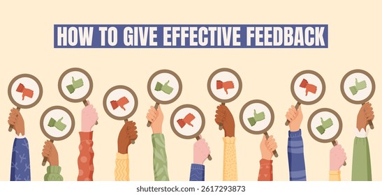 Cartoon feedback and survey concept with diverse hands hold rating signs. Review and customer satisfaction shown through thumbs up or down. Communication opinion concept, modern style, creative