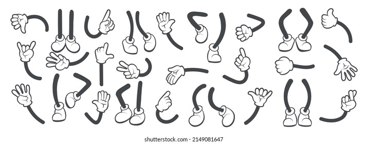 Los brazos de los pies de caricatura. Dibujos animados pequeños mascotas posiciones de pies y brazos, dibujos animados vectoriales graciosos, manos de dibujos animados y zapatos miembros de botas ilustración