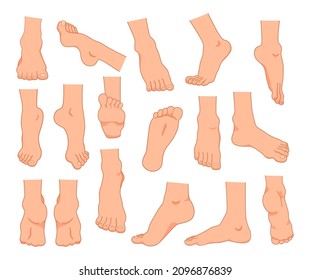 Cartoon feet. Men and women barefoot ankles and fingers. Legs positions. Caucasian person limbs. Bare toes with nails and heels. Slender sole. Vector human body anatomy elements set