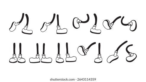 Pés de desenhos animados. Conjunto de pés de desenho animado com gestos diferentes. Pés isolados em fundo branco. Ilustração vetorial