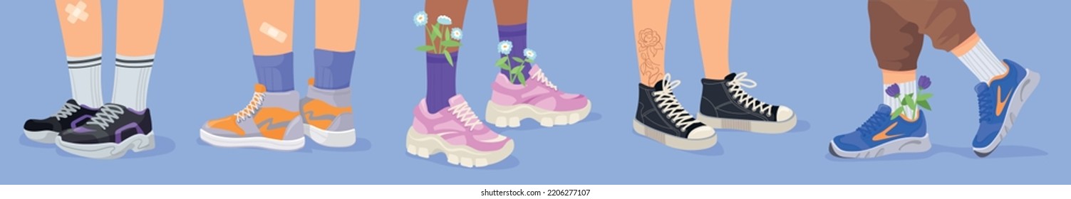 Cartoon feet in sneakers. Human legs wearing colorful sports sneaker with flowers, stylish beauty shoe active walking, leather footwear boot 90s, vector illustration of cartoon sneakers and footwear