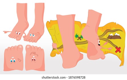 Cartoon of feet walking on legs with sticks in various positions