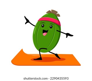 Caricatura de feijoa, personaje de la fruta en el gimnasio del yoga. Parada de personajes divertidos vectoriales en la alfombra en asana posan enfocándose en el equilibrio mental. Personajes tropicales cómicos en la práctica zen, clase de salud y bienestar