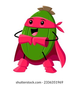 Cartoon feijoa fruit superhero character. Isolated vector lively super hero tropical fruit personage with superpower, complete with a colorful pink costume, mask, and cape ready to protect health