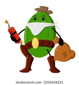 Cartoon feijoa tropical fruit cowboy, robber, bandit and ranger character. Vector wild west hero holding money sack and dynamite with burning fuse. Western vitamin adventurous personage, healthy food