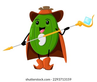 Cartoon feijoa tropical fruit mage, wizard and warlock character. Vector magician necromancer fairytale personage with magic staff. Funny smiling fruity sorcerer, vitamin food wiz wear cape and hat