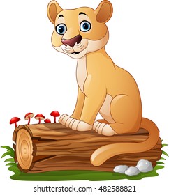 Cartoon feline sitting on tree log