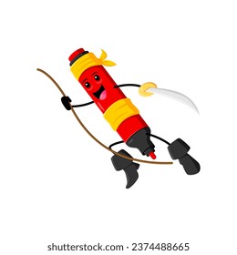 Cartoon felt-tip pen school supply pirate and corsair character. Isolated vector painting tool personage dangles from a rope, brandishing a gleaming sword, exuding swashbuckling charm and adventure