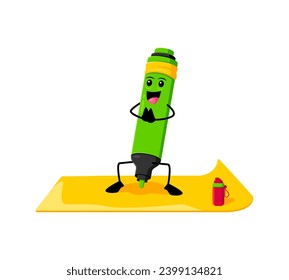 Cartoon felt-tip pen school supply character on yoga fitness sport. Isolated vector writing tool personage strikes a zen pose, promoting creativity and calmness in the bustling world of learning items