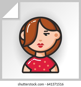 Cartoon female avatars- face icons. Vector Isolated flat colorful illustration. Girl with a hairdo in a red dress in polka dots.