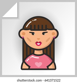 Cartoon female avatars- face icons. Vector Isolated flat colorful illustration. Girl in a pink T-shirt with a heart.