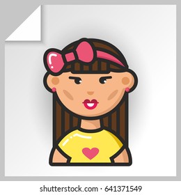 Cartoon female avatars- face icons. Vector Isolated flat colorful illustration. A Mongoloid girl with a bow.