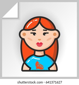 Cartoon female avatars- face icons. Vector Isolated flat colorful illustration. Red-haired girl in a blue T-shirt with a fox.