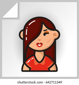 Cartoon female avatars- face icons. Vector Isolated flat colorful illustration. Girl in red dress with long hair.