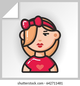 Cartoon female avatars- face icons. Vector Isolated flat colorful illustration. Girl with a red bow on her head.