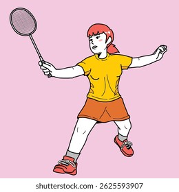 Cartoon female badminton athlete hitting shuttlecock forehand