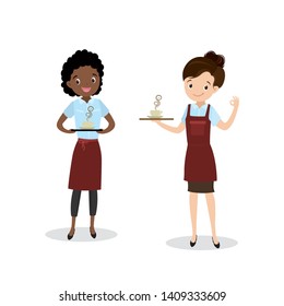 Cartoon female barista or waiter, beauty african american and caucasian woman character in uniform, restaurant or coffee shop workers,isolated on white,flat vector illustration