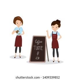Cartoon female barista or waiter near menu board, beauty caucasian woman characters in uniform, restaurant or coffee shop staff,isolated on white,flat vector illustration