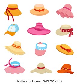 Sombreros de playa femeninos de dibujos animados. Sombrero de paja textil para el descanso y el trabajo agrícola. Gorra de las mujeres de verano para caminar y tomar el sol, vector neotérico clipart