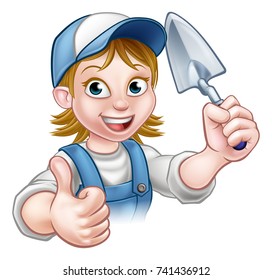 A Cartoon Female Builder Or Bricklayer Construction Worker Holding A Masons Brick Laying Trowel Hand Tool