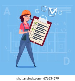 Cartoon Female Builder Carpenter Hold Checklist Construction Worker Over Abstract Plan Background Flat Vector Illustration