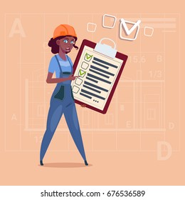 Cartoon Female Builder Carpenter Hold Checklist African American Construction Worker Over Abstract Plan Background Flat Vector Illustration