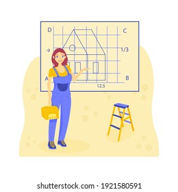 Cartoon Female Builder Holding box in hand. Over Abstract Plan Background. Flat Vector Illustration