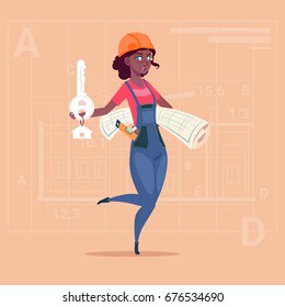 Cartoon Female Builder Holding Key From New House And Blueprint Over Abstract Plan Background Flat Vector Illustration
