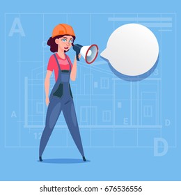 Cartoon Female Builder Holding Megaphone Making Announcement Woman Construction Worker Over Abstract Plan Background Flat Vector Illustration