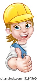 Cartoon female builder, mechanic, carpenter, electrician or plumber character in hard hat giving thumbs up