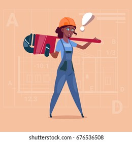 Cartoon Female Builder Wearing Uniform And Helmet African American Construction Worker Over Abstract Plan Background Flat Vector Illustration