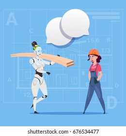 Cartoon Female Builder Working With Robot Carry Planks Modern Building Technology Concept Flat Vector Illustration