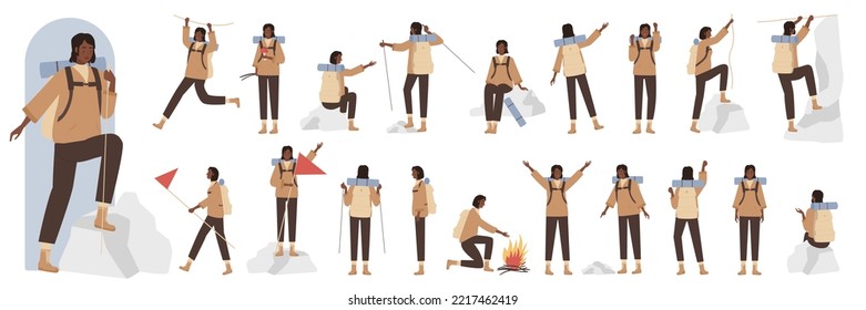 Cartoon female camper with backpack climbing, girl hiking and standing with flag in front, side and back view. African american black Woman tourist character in different poses set vector illustration