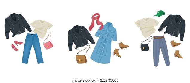 Cartoon female casual leather jacket outfits. Fashion looks with leather jackets, denim, ankle boots and bags, modern flat vector illustration set on white background