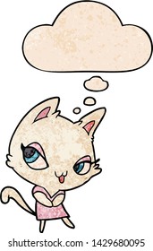 cartoon female cat with thought bubble in grunge texture style