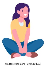 Cartoon female character. Active woman in casual clothes. Happy girl sitting on floor. Lotus position. Smiling student. Picnic pose. Relaxing person. Vector isolated