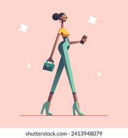 Cartoon female character of a fashion celebrity model, walking with a purse and a smartphone, flat vector design