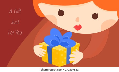 Cartoon female character holding a gift illustration. Holidays and special events e-card template.A present specially just for you concept. Cute girl with fashion red lips make up.