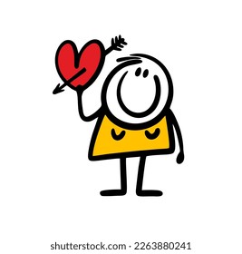 Cartoon female character holds red heart with arrow in rising up hand. Vector illustration of cute girl in love.