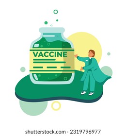 Cartoon female character inventing vaccine. Human clinical trials vaccination shot. Protection from pandemic outbreak. Making and giving covid 19 vaccination. Vector
