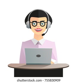 Cartoon female character isolated on white background with a laptop, headphones and headset for business, marketing, consulting stories, print materials, web. Vector illustration. Call center employee