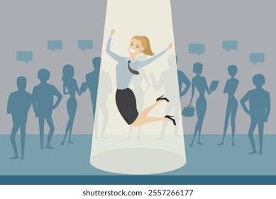 Cartoon female character job candidate won and jumps in spotlight, human resource recruitment concept, silhouettes of people on the background, flat vector illustration