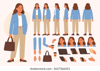 Cartoon female character kit in vector.  Includes multiple poses, facial expressions, hand gestures, accessories (laptop, handbag) for use in presentations, infographics, web design, animation

