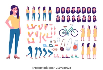 Kit de caricaturas femeninas. Mujer con ropa informal. Niña parada en diferentes poses. Enfrentar expresiones emocionales y gestos de mano. Conjunto de vectores de piezas individuales de la carrocería