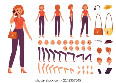 Cartoon female character kit. Young woman with individual body parts constructor kit, different angles view. Girls clothes, gadgets and accessories, various emotions, vector isolated set