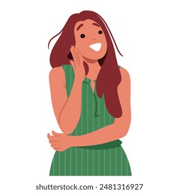 Cartoon Female Character With Long Red Hair And Green Dress Displaying Surprised And Delighted Facial Expression. Woman Expressing Feelings Of Happiness, Surprise, And Excitement. Vector Illustration