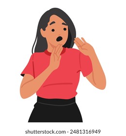 Cartoon Female Character Looking Shocked And Scared, With Hands Raised In Surprise. Young Woman Wearing A Red Shirt And Black Pants, Expressing Shock And Fear. Vector People Illustration