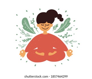 Cartoon female character meditating sitting in lotus pose. Smiling inspired girl with crossed legs flying in dreams closed eyes. Yoga, mindfulness, wellness. Woman in plant leaves. Vector illustration